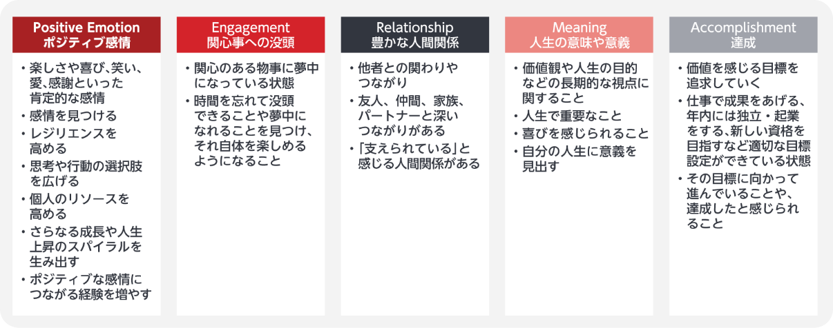 表2 ウェルビーイングに関する測定可能な5つの要素(PERMA)