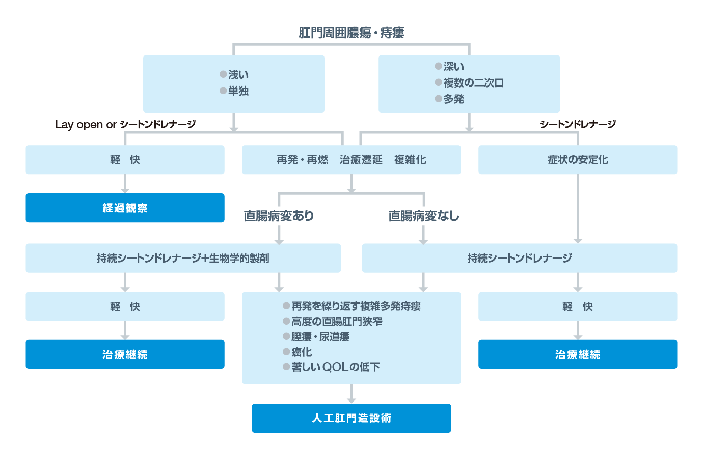 図.肛門疾患(痔核・痔瘻・裂肛)・直腸脱診断ガイドライン 2020年版(改訂第2版) クローン病合併痔瘻・肛門周囲膿瘍治療のフローチャート
